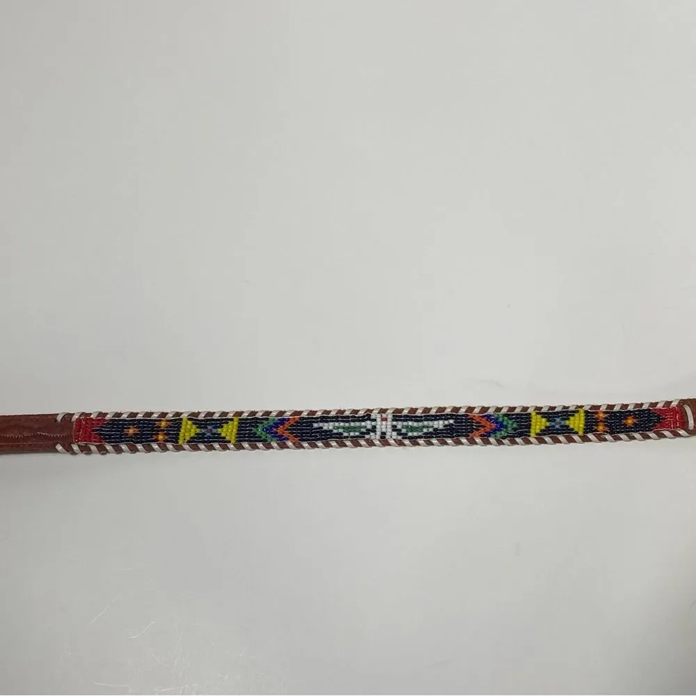 Vintage Genuine Cowhide Hand Beaded & Laced Aztec Tooled Leather Belt Size 24